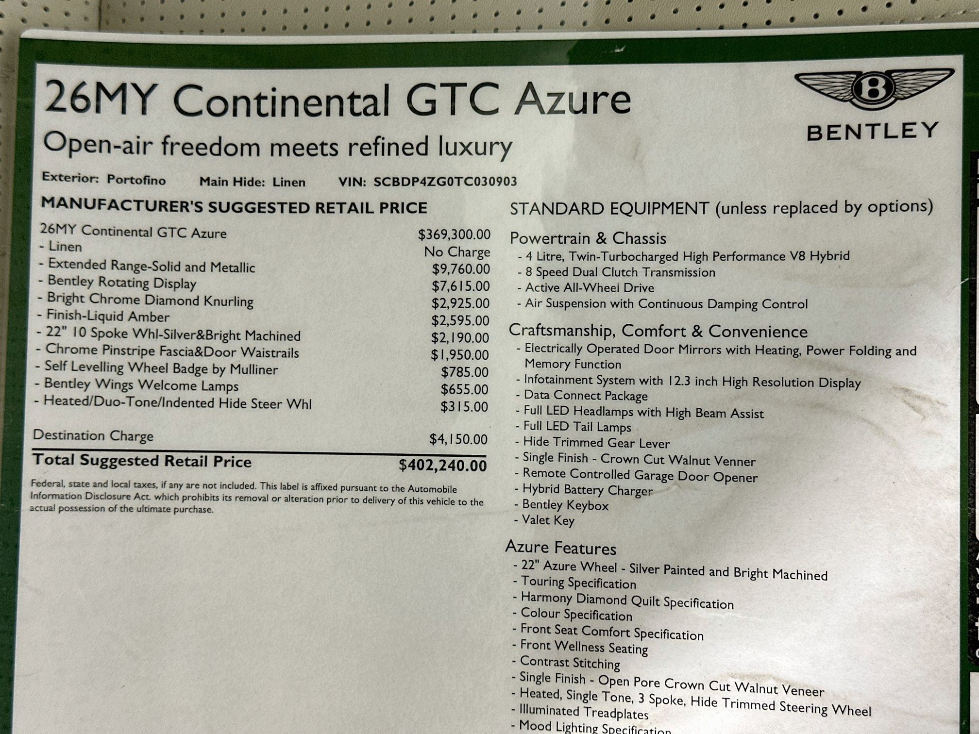 2026 Bentley Continental GTC Azure