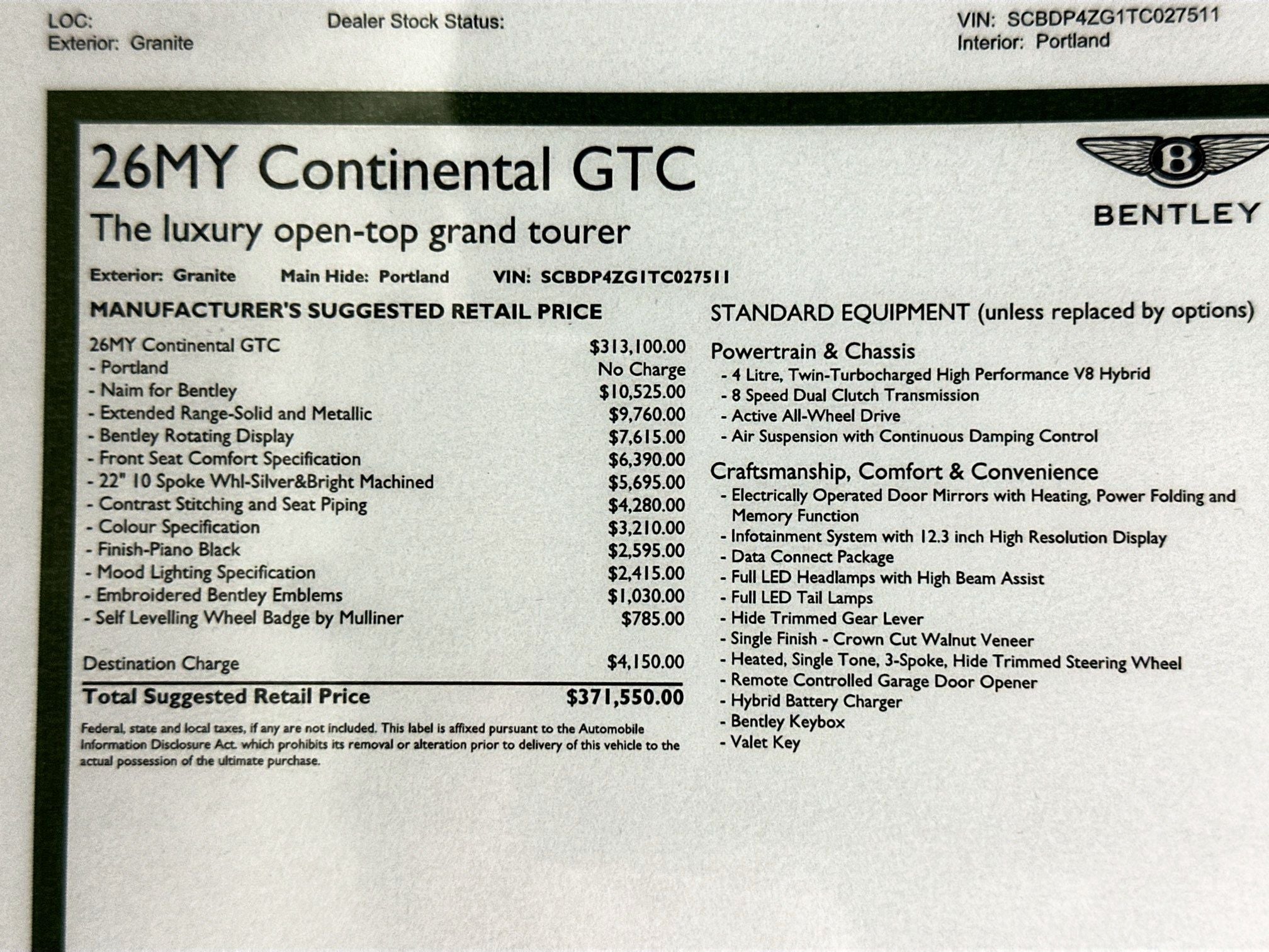 2026 Bentley Continental GTC Base
