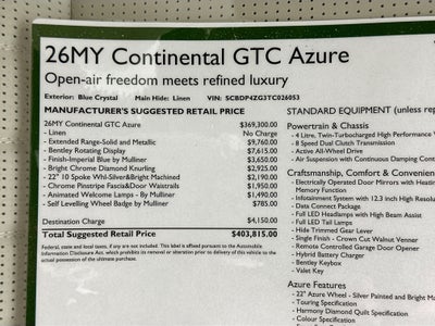 2026 Bentley Continental GTC Azure