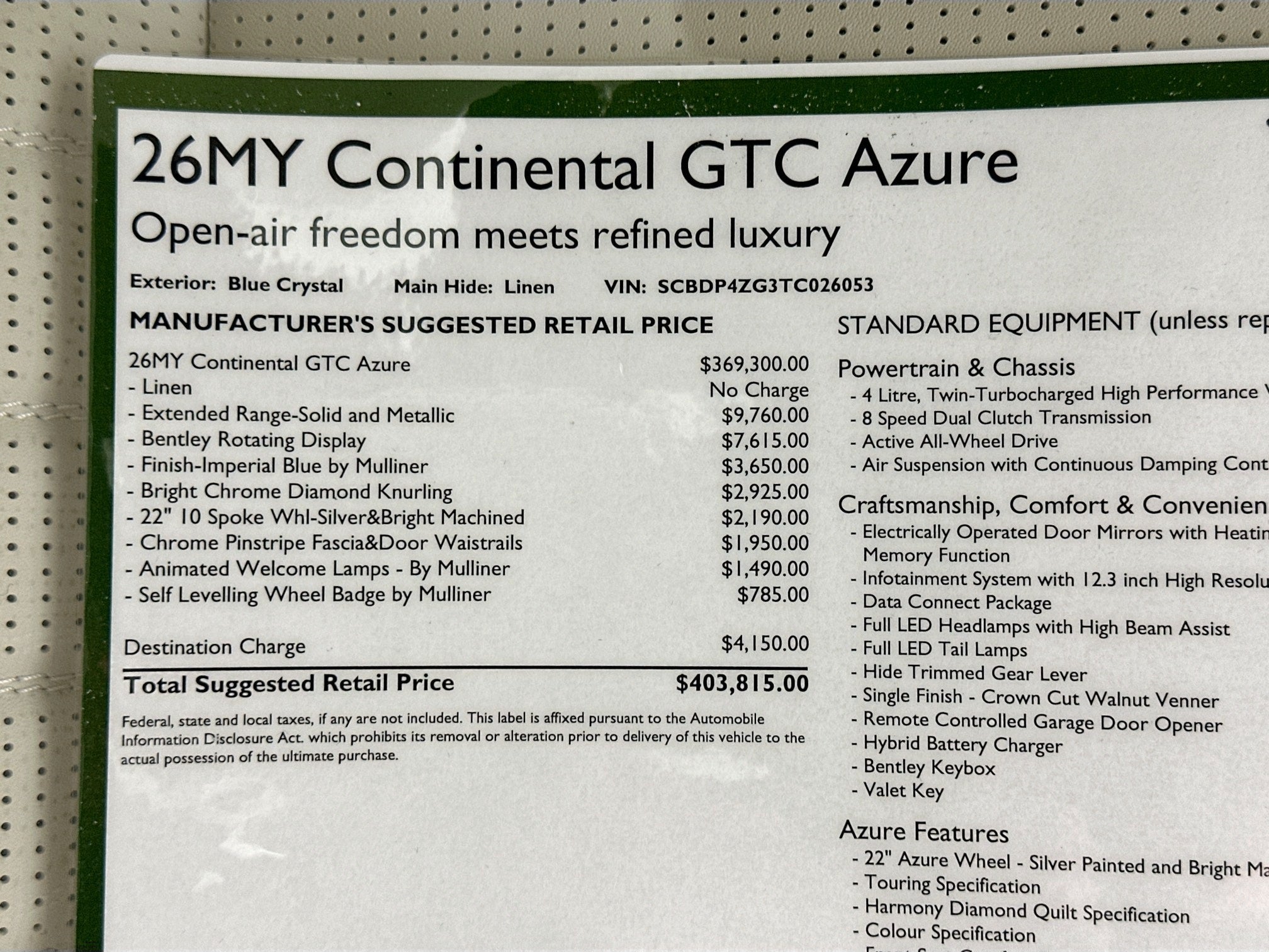 2026 Bentley Continental GTC Azure