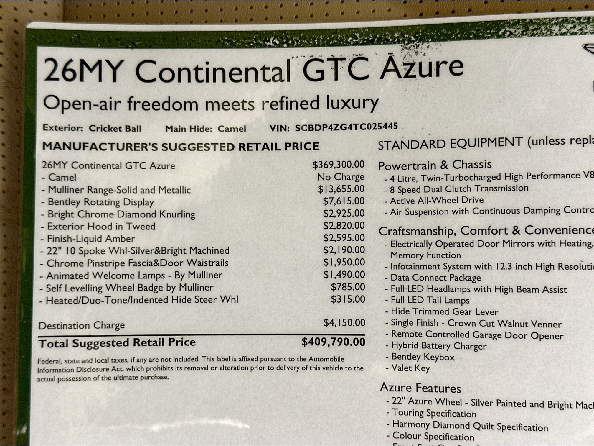 2026 Bentley Continental GTC Azure