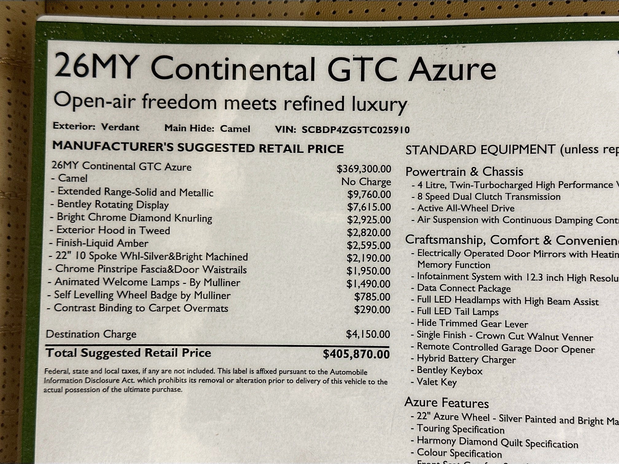 2026 Bentley Continental GTC Azure