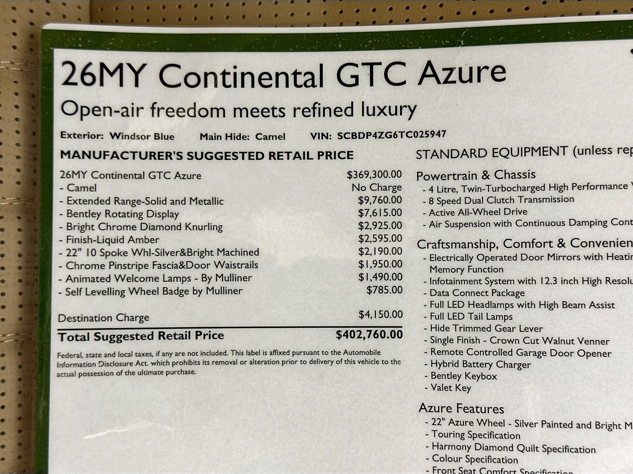 2026 Bentley Continental GTC Azure