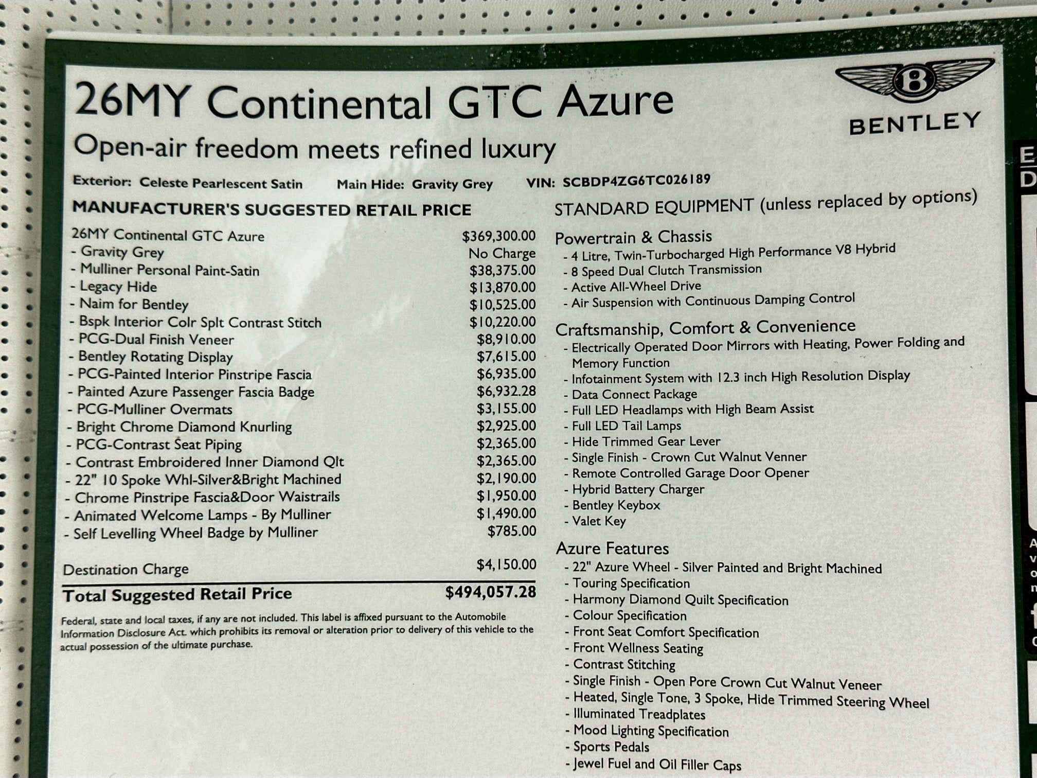 2026 Bentley Continental GTC Azure