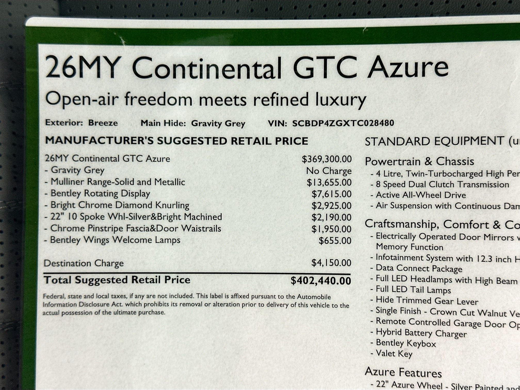2026 Bentley Continental GTC Azure