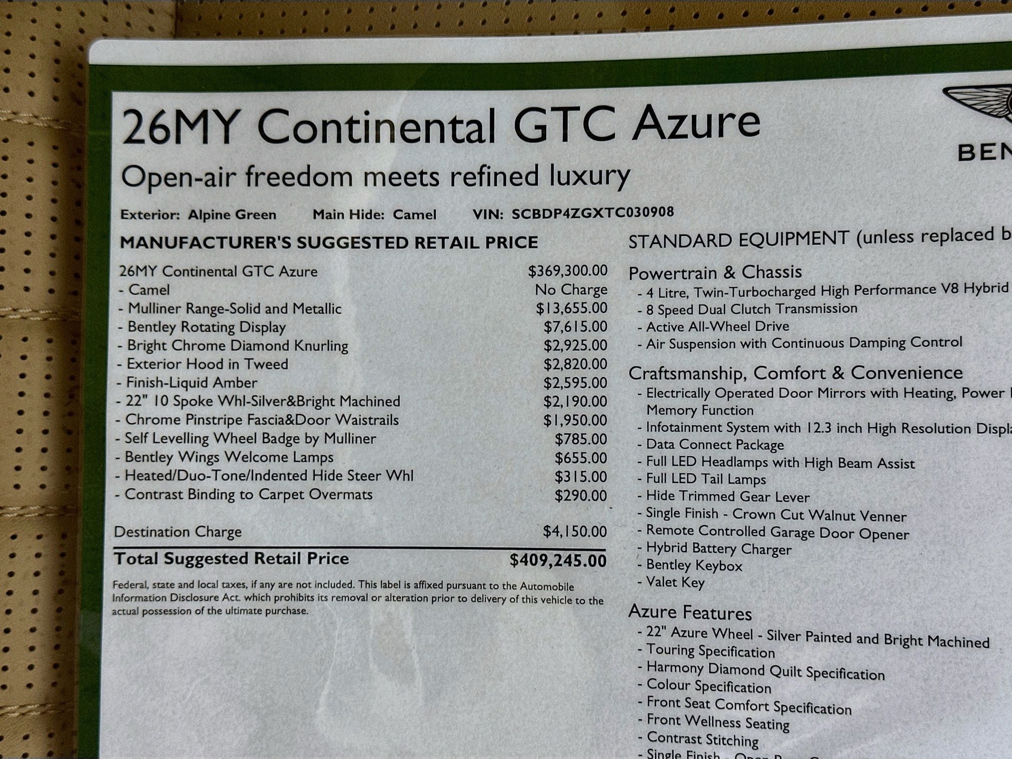 2026 Bentley Continental GTC Azure