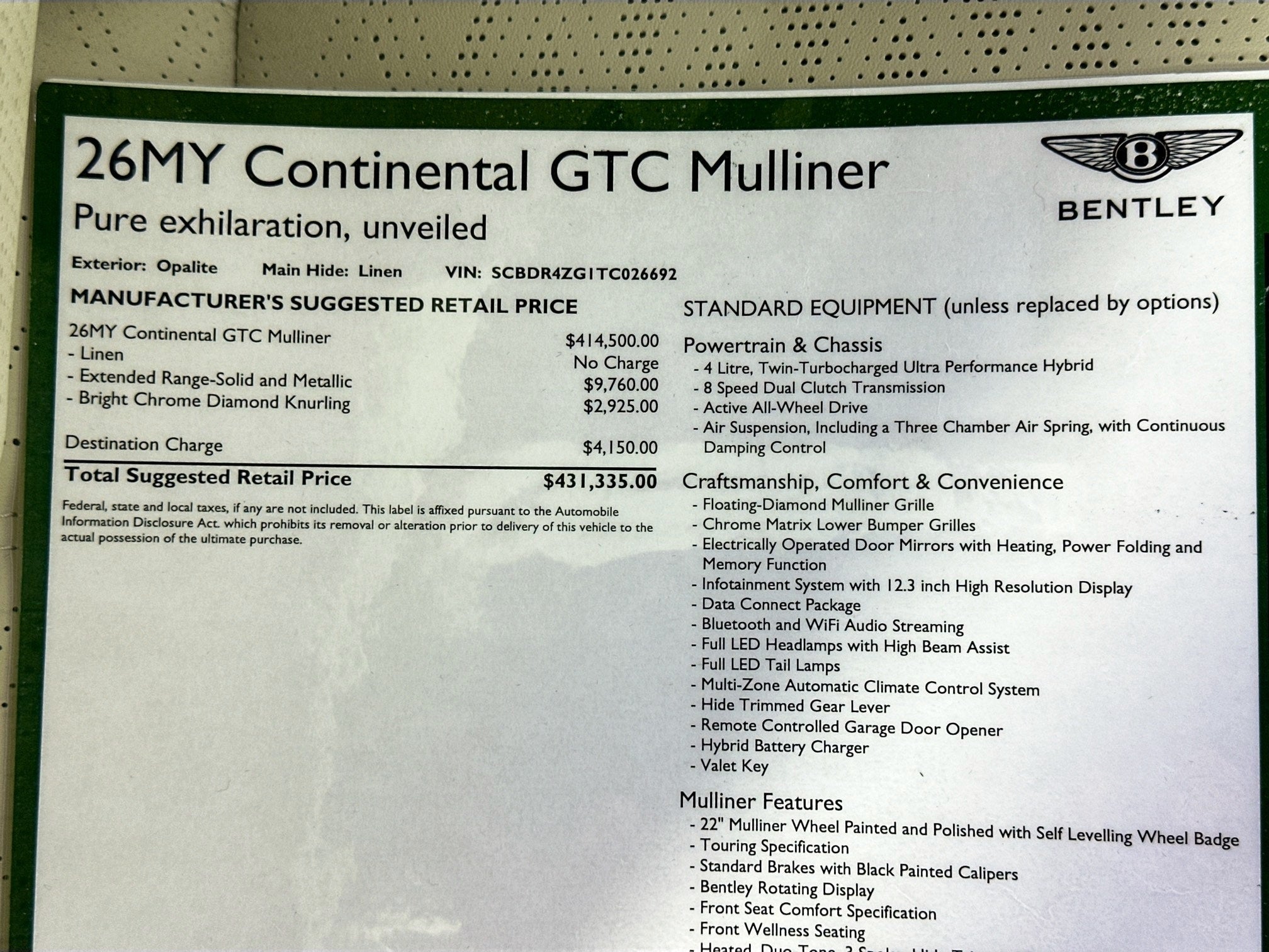 2026 Bentley Continental GTC Mulliner