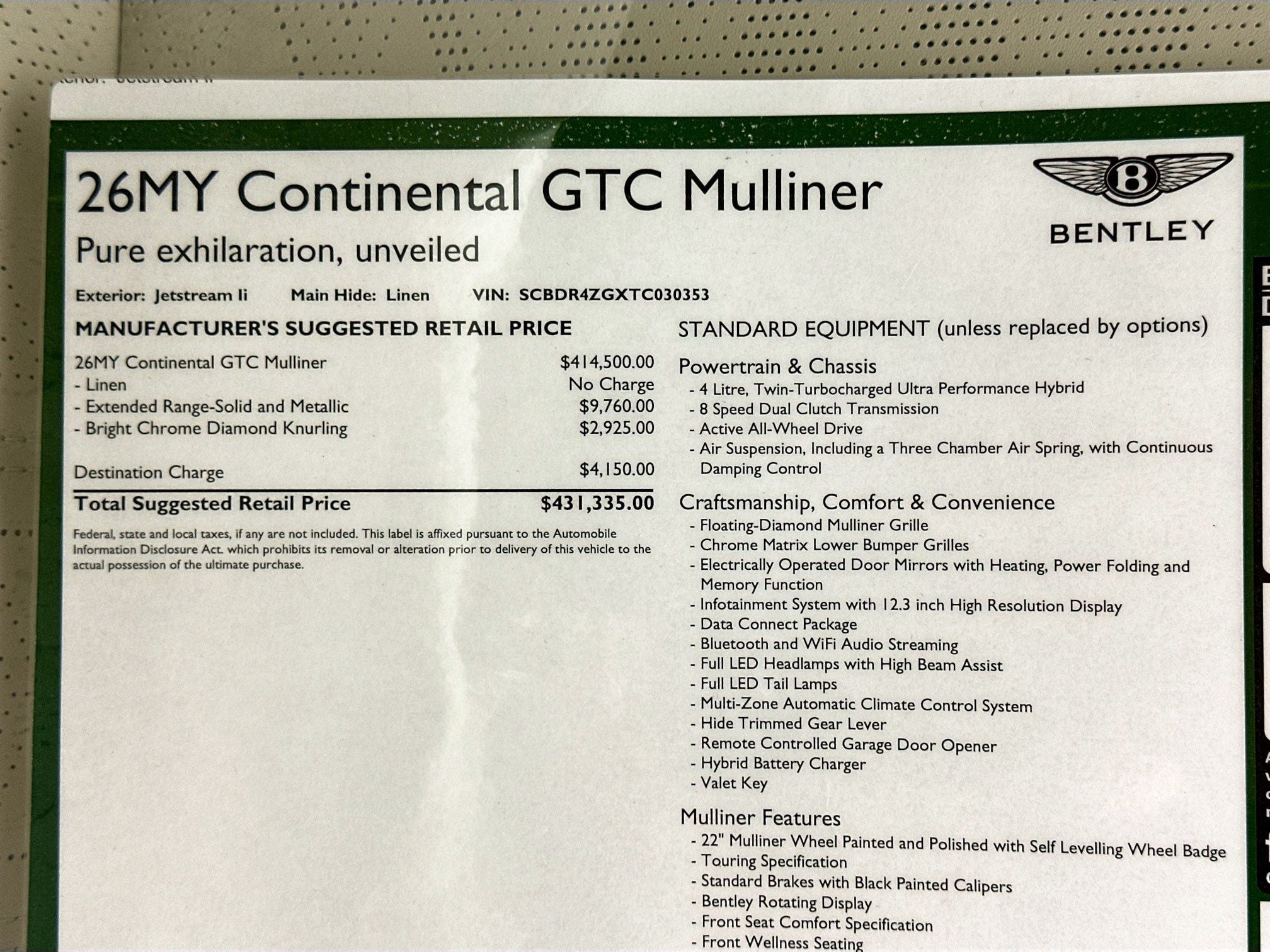 2026 Bentley Continental GTC Mulliner